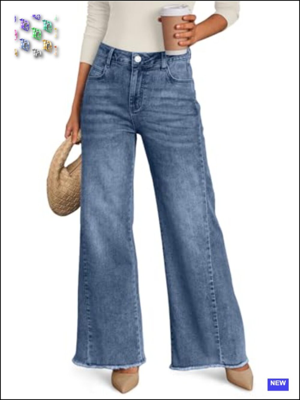 Wide Leg Jeans, Relaxed Loose with Raw Hem, Low Rise, Pockets, Stretch Denim